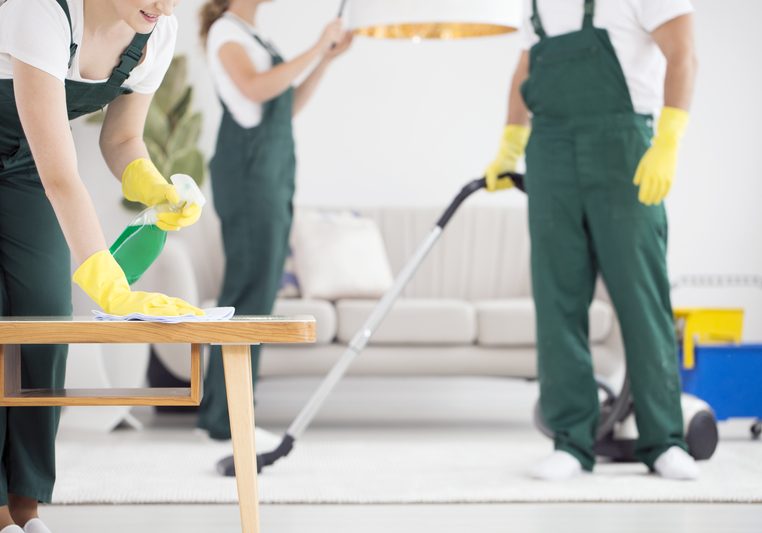 Team of cleaners cleaning room